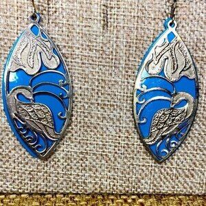 Oblong Oval Layered Filigree Peacock Earrings Teal Gold